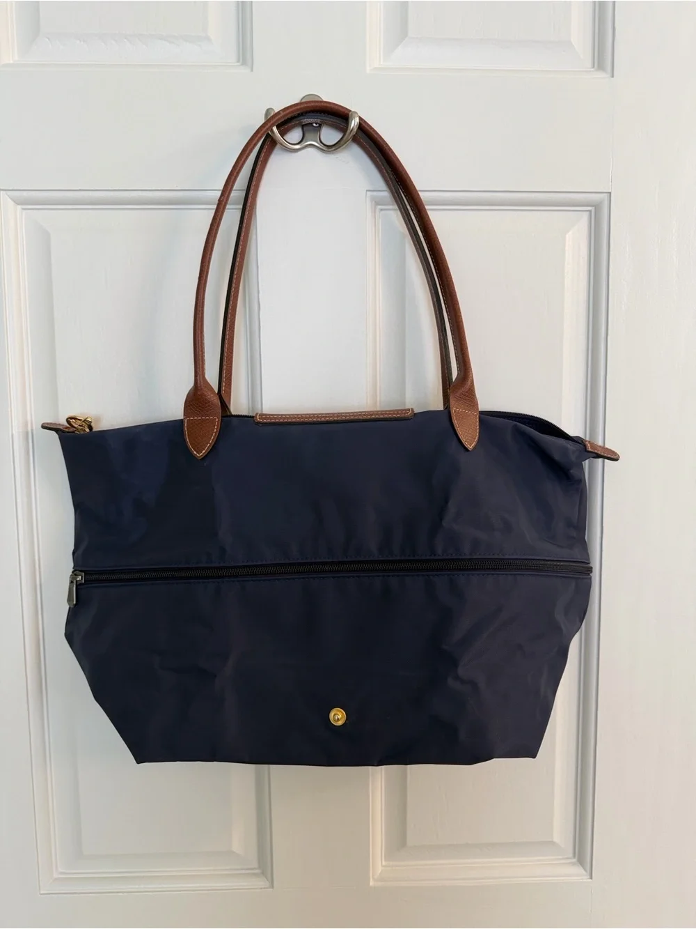 Longchamp expandable Navy Tote with Brown Leather Trim and Handles